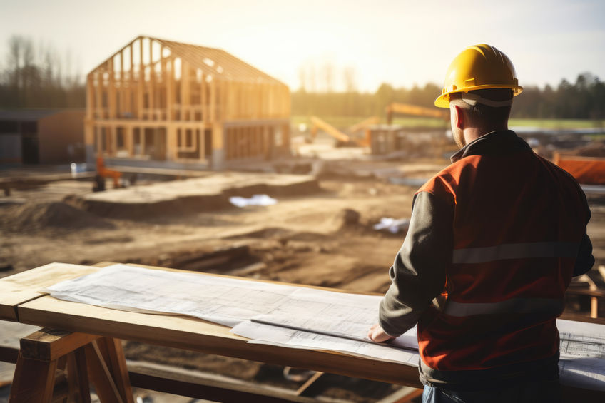 A construction worker in a hard hat reviews blueprints at a site, with a partially built wooden structure in the background.